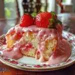 This strawberry honeybun cake with cream icing is moist, sweet, and bursting with strawberry flavor—perfect for any dessert table.