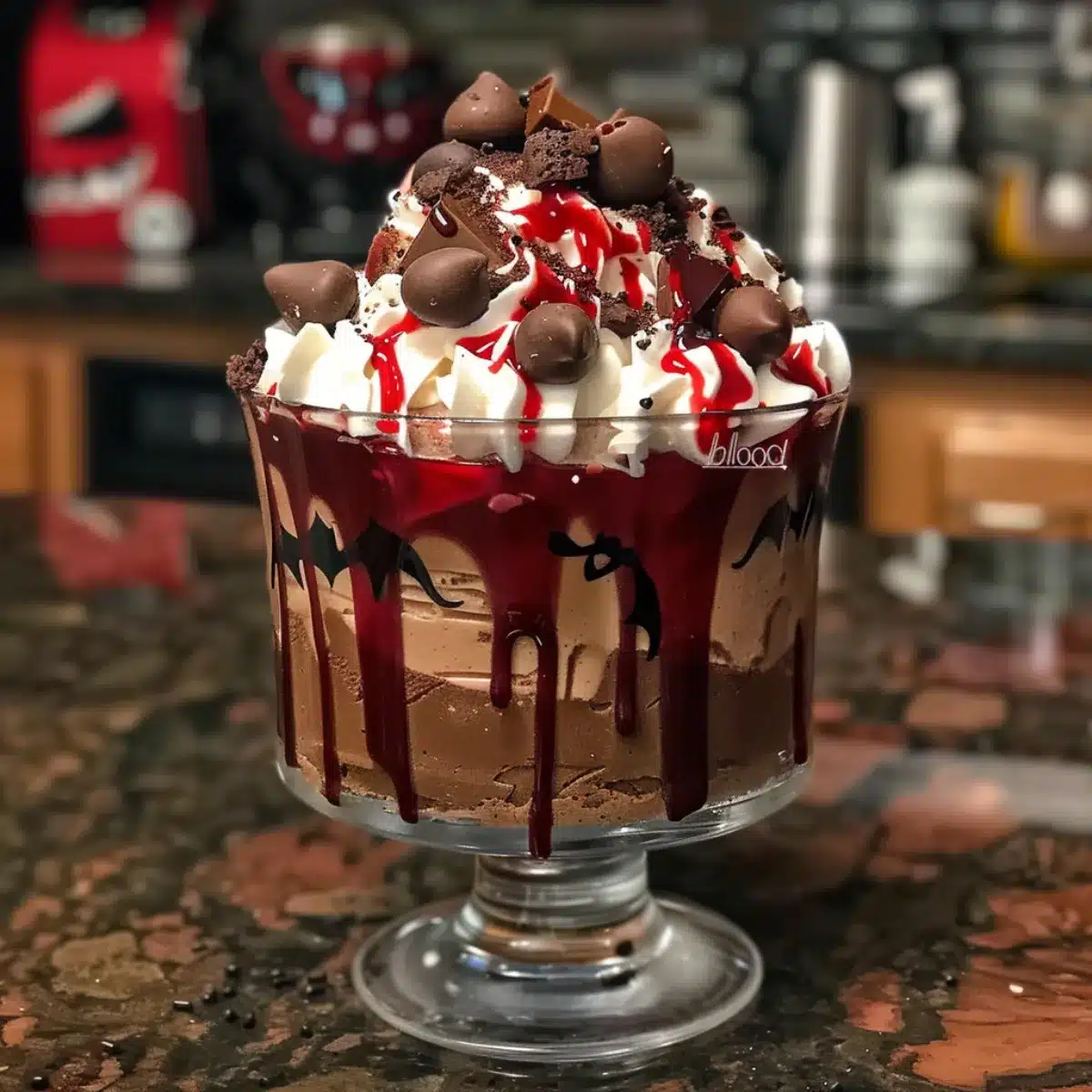 This Vampire Halloween Trifle features spooky red velvet cake, pudding, and whipped cream layers—perfect for a chillingly sweet party treat!