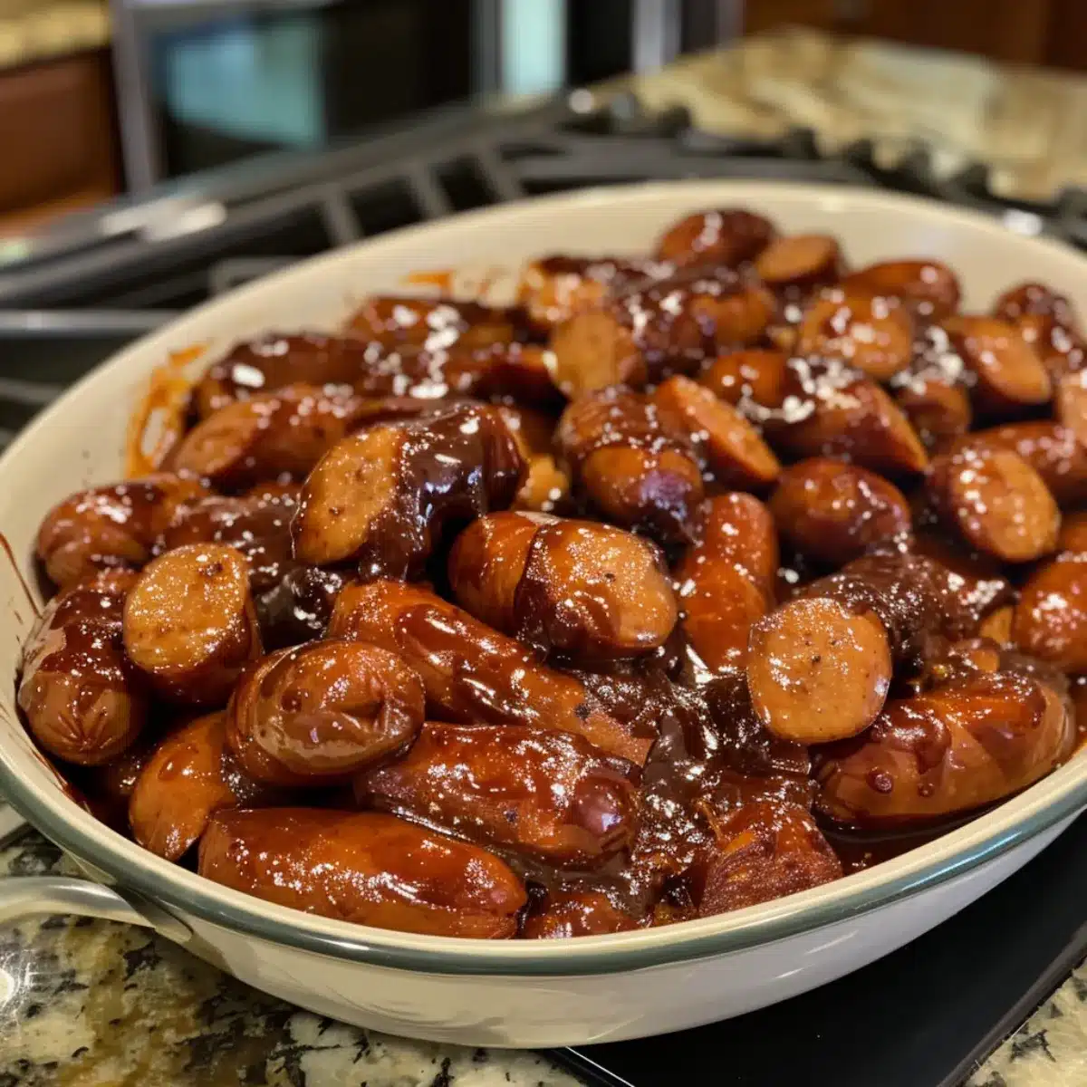 These Apple Butter Little Smokies are simmered in apple butter, BBQ sauce, and spices for a sweet and smoky appetizer perfect for parties!