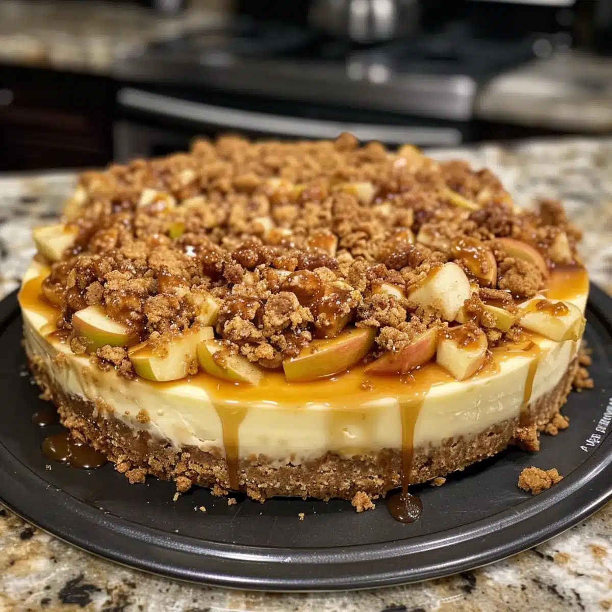 This Apple Crisp Cheesecake combines creamy cheesecake, spiced apples, and crunchy oat topping. The perfect fall dessert for holidays and gatherings!