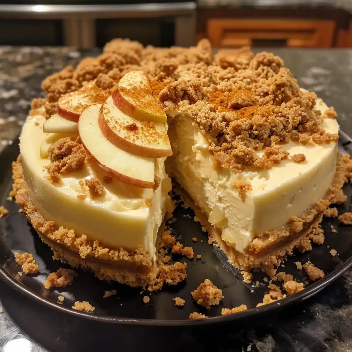 This Apple Crumble Cheesecake combines creamy cheesecake, spiced apples, and buttery crumb topping. A cozy fall dessert for holidays and gatherings!