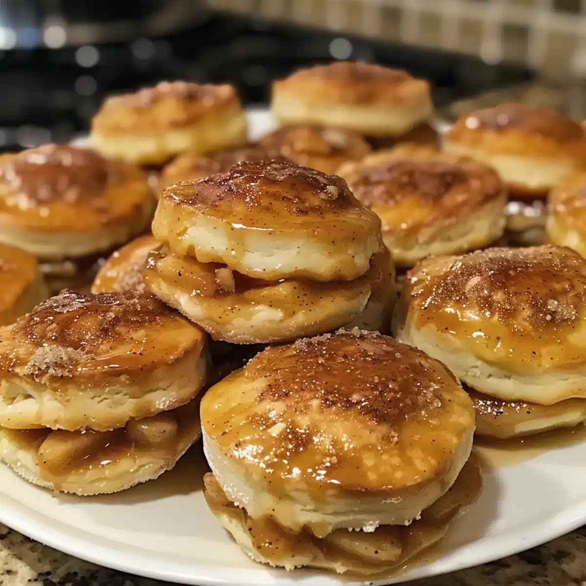 These Apple Pie Bombs are filled with warm spiced apples, wrapped in biscuit dough, baked golden, and topped with caramel. Perfect fall dessert!
