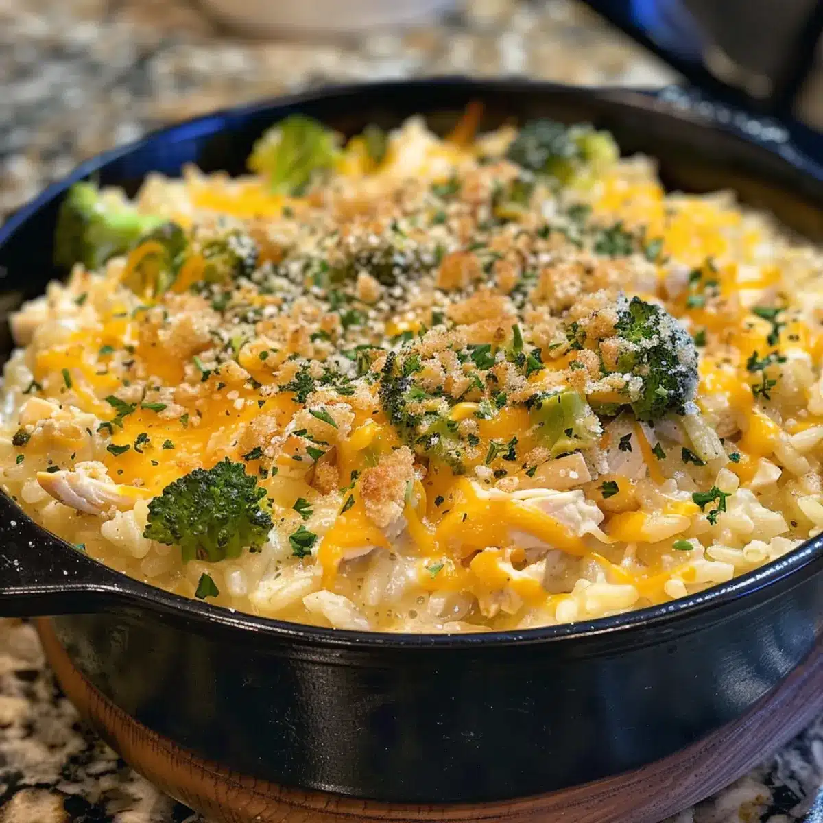 Creamy broccoli, rice, cheese, and chicken casserole is a family favorite comfort food. Easy, cheesy, and perfect for weeknight dinners!