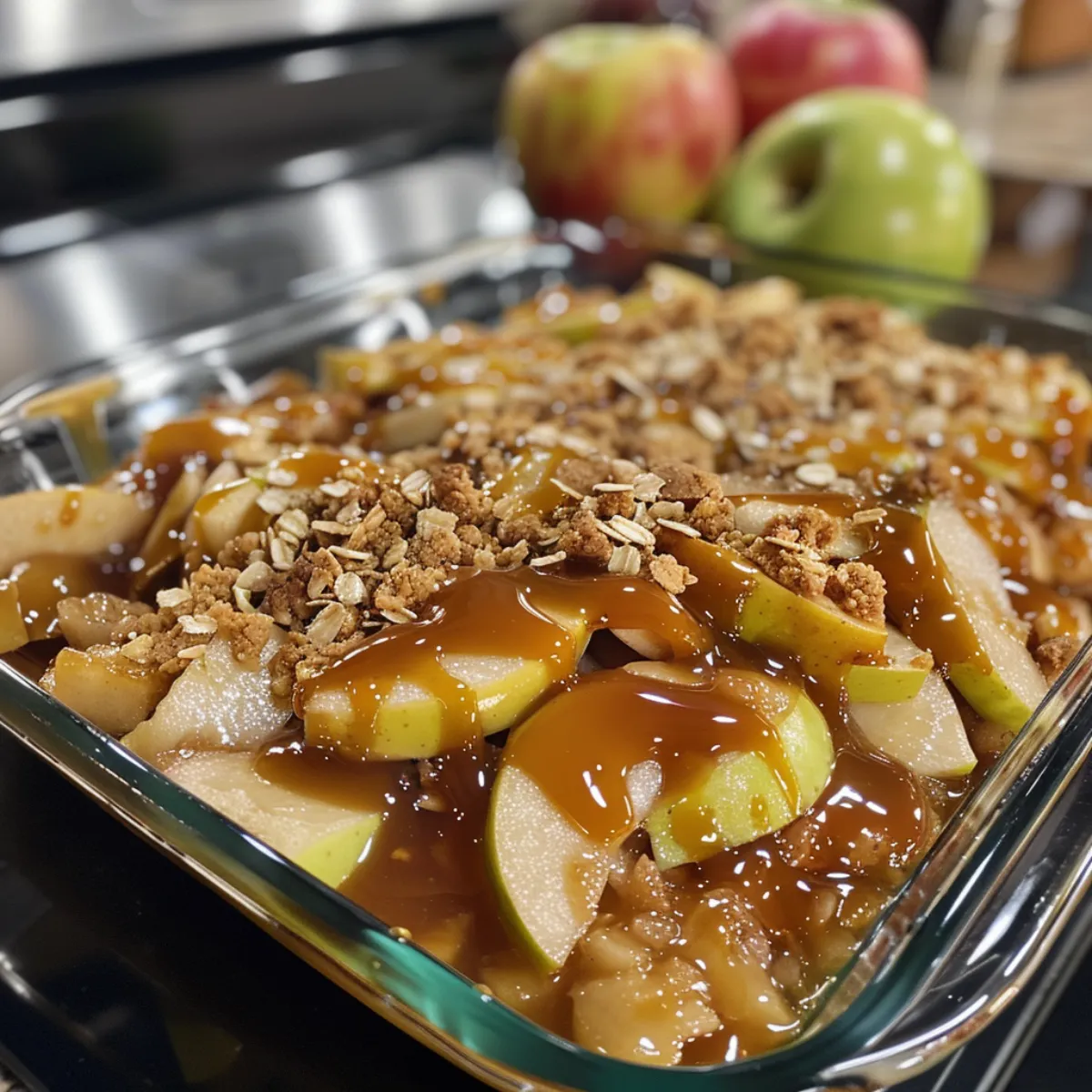 When fall arrives, nothing is more comforting than the sweet aroma of baked apples, cinnamon, and buttery crumble topping. This Caramel Apple Crisp takes the classic dessert up a notch with a rich caramel drizzle that melts into the apples as they bake. The result? A perfectly balanced dessert with tender, spiced apples and a crisp oat topping, finished with gooey caramel. It’s simple to make, requires basic pantry ingredients, and is the perfect dessert for family dinners, Thanksgiving, or any autumn gathering. Serve warm with vanilla ice cream for a dessert that feels cozy and indulgent in every bite. Ingredients For the Apple Filling: 6 medium apples (Granny Smith, Honeycrisp, or Fuji), peeled, cored, and sliced 2 tbsp lemon juice 1/2 cup granulated sugar 2 tbsp all-purpose flour 1 tsp ground cinnamon 1/4 tsp nutmeg 1/4 tsp salt 1/3 cup caramel sauce (plus more for drizzling) For the Crisp Topping: 1 cup old-fashioned rolled oats 1/2 cup all-purpose flour 1/2 cup brown sugar, packed 1/2 tsp cinnamon 1/4 tsp salt 1/2 cup unsalted butter, melted Preparation Steps Step 1: Preheat Oven Preheat oven to 350°F (175°C). Grease a 9x13-inch baking dish with butter or nonstick spray. Step 2: Prepare the Apples In a large bowl, toss sliced apples with lemon juice, sugar, flour, cinnamon, nutmeg, and salt. Stir in caramel sauce until apples are evenly coated. Spread mixture in the baking dish. Step 3: Make the Topping In another bowl, mix oats, flour, brown sugar, cinnamon, and salt. Add melted butter and stir until crumbly. Step 4: Assemble Sprinkle topping evenly over apples, covering completely. Step 5: Bake Bake for 40–45 minutes, or until apples are tender and topping is golden brown. Step 6: Finish with Caramel Drizzle with extra caramel sauce before serving for a gooey finish. Variation Salted Caramel Crisp: Use salted caramel sauce for a sweet-salty flavor. Nutty Version: Add pecans or walnuts to the topping for extra crunch. Boozy Twist: Toss apples with a splash of bourbon before baking. Mini Crisps: Bake in ramekins for individual servings. Gluten-Free: Use gluten-free flour and certified gluten-free oats. Cooking Notes Tart apples like Granny Smith balance the sweetness of caramel. Let crisp rest 10 minutes before serving so juices thicken. Warm caramel sauce makes the drizzle easier to pour. Serving Suggestions Serve warm with vanilla ice cream. Add whipped cream with a cinnamon sprinkle. Pair with hot apple cider for a cozy fall night. Perfect addition to Thanksgiving or holiday dessert tables. Tips Slice apples evenly so they cook at the same rate. For extra crunch, bake topping separately for 10 minutes and sprinkle over apples before serving. Store leftovers in the fridge up to 4 days; reheat in oven to restore crispness. Prep Time / Cooking Time / Total Time Prep Time: 20 minutes Cooking Time: 45 minutes Total Time: ~1 hour 5 minutes Nutritional Info (per serving, approx. 10 servings) Calories: 320 Protein: 3g Carbs: 54g Fat: 12g Sodium: 160mg FAQs Q1: Can I make Caramel Apple Crisp ahead of time? Yes, assemble and refrigerate for up to 24 hours. Bake before serving. Q2: Can I freeze apple crisp? Yes, freeze baked crisp for up to 3 months. Reheat at 350°F until warm. Q3: What caramel sauce works best? Homemade or high-quality store-bought caramel both work. Salted caramel adds depth. Q4: Can I make this without oats? Yes, replace oats with extra flour and nuts for a streusel topping. Q5: How do I prevent soggy topping? Bake uncovered and let crisp cool slightly before serving. Conclusion This Caramel Apple Crisp is the perfect fall dessert—sweet, buttery, and topped with a golden crumble that pairs beautifully with gooey caramel. Simple enough for a weeknight and impressive enough for the holidays, it’s a dessert you’ll return to year after year. Serve warm with ice cream or whipped cream and enjoy the ultimate taste of autumn.