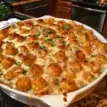 Creamy chicken Alfredo tater tot casserole is cheesy, hearty, and easy to make. A family-friendly dinner perfect for busy nights!