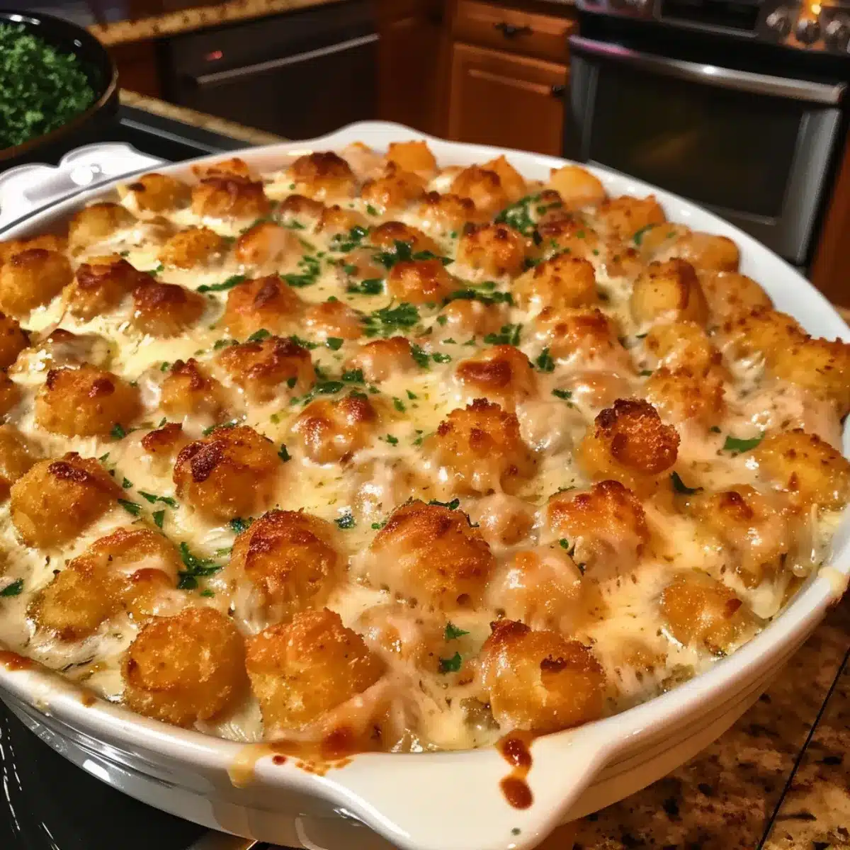 Creamy chicken Alfredo tater tot casserole is cheesy, hearty, and easy to make. A family-friendly dinner perfect for busy nights!