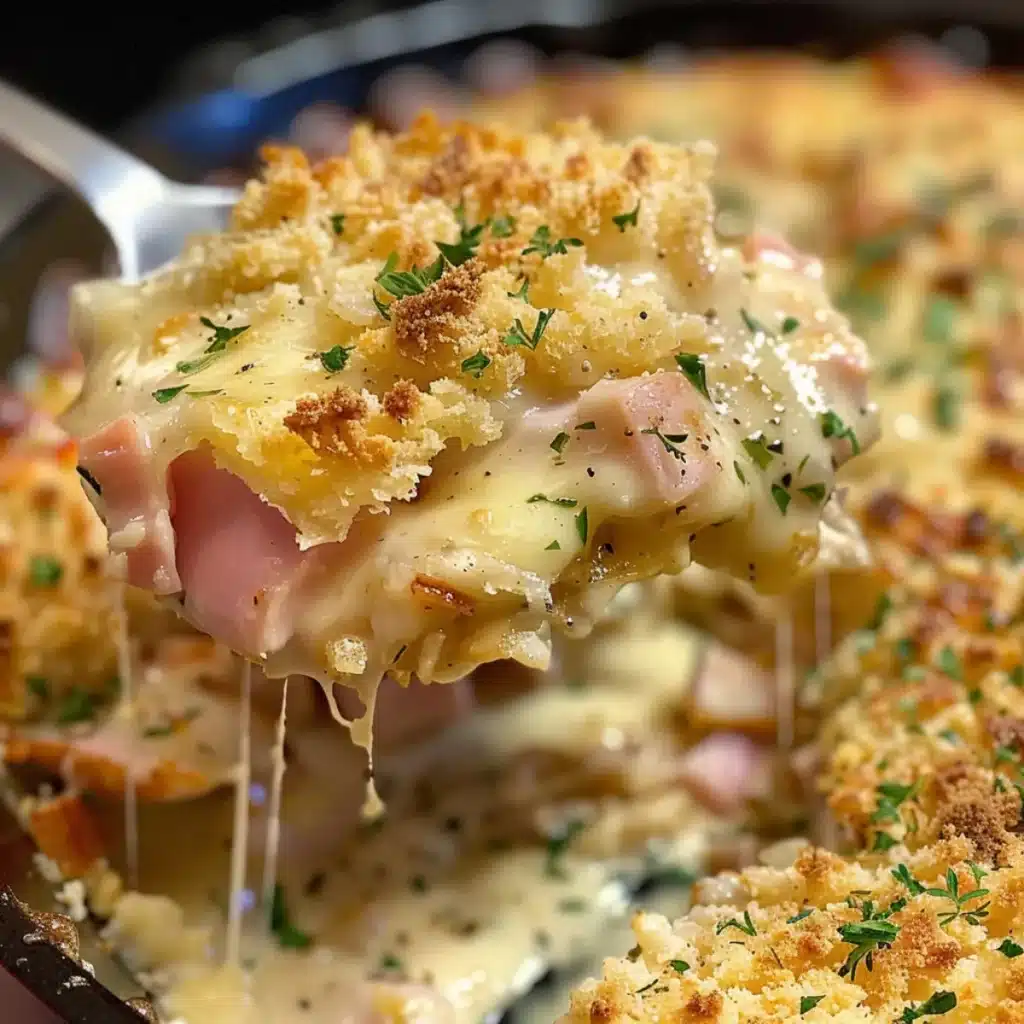 Chicken cordon bleu casserole layers chicken, ham, Swiss cheese, and creamy sauce with a crunchy topping for an easy family dinner!