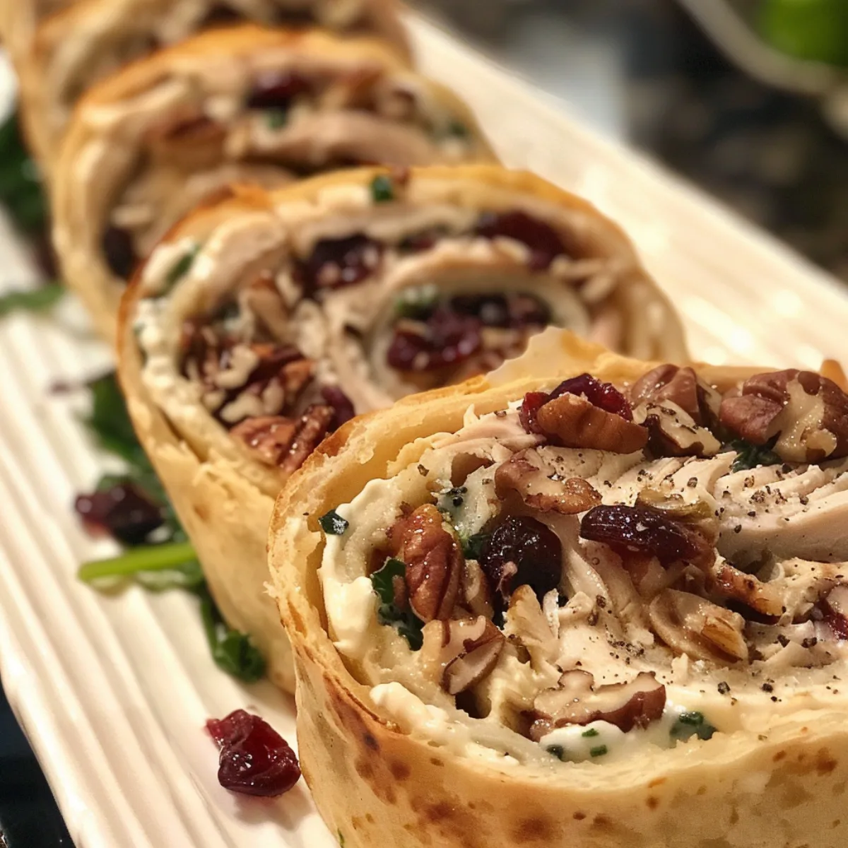 Chicken Cranberry Pecan Pinwheels are a creamy, savory-sweet appetizer with chicken, cranberries, and pecans rolled in tortillas—perfect for parties.