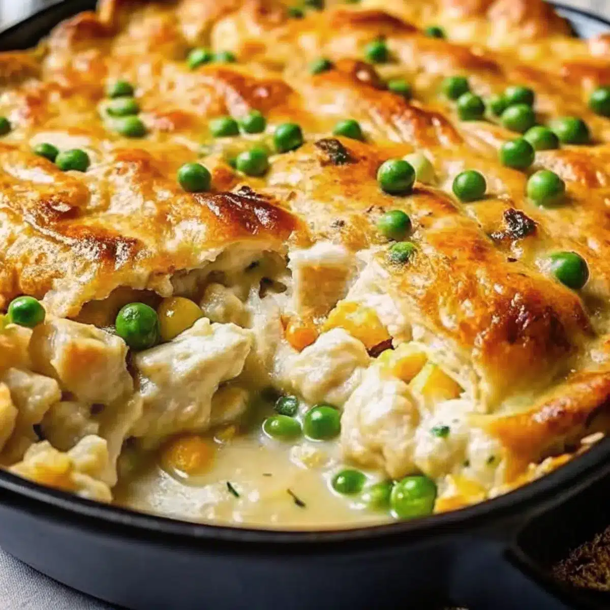 Creamy chicken pot pie casserole with veggies, tender chicken, and golden biscuit topping—easy comfort food dinner for the family!