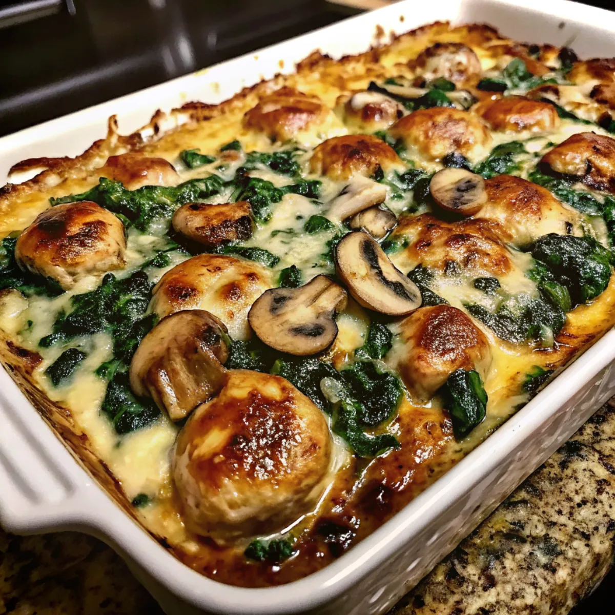 Chicken Spinach Mushroom Bake is a creamy, cheesy casserole with tender chicken, sautéed mushrooms, and spinach baked to perfection.