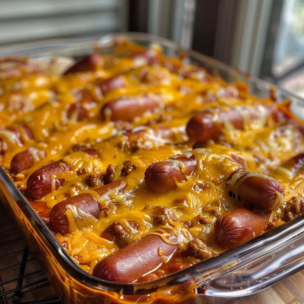 Chili Cheese Dog Casserole is a cheesy, family-friendly dinner made with hot dogs, chili, and melted cheese baked together in a hearty casserole dish.