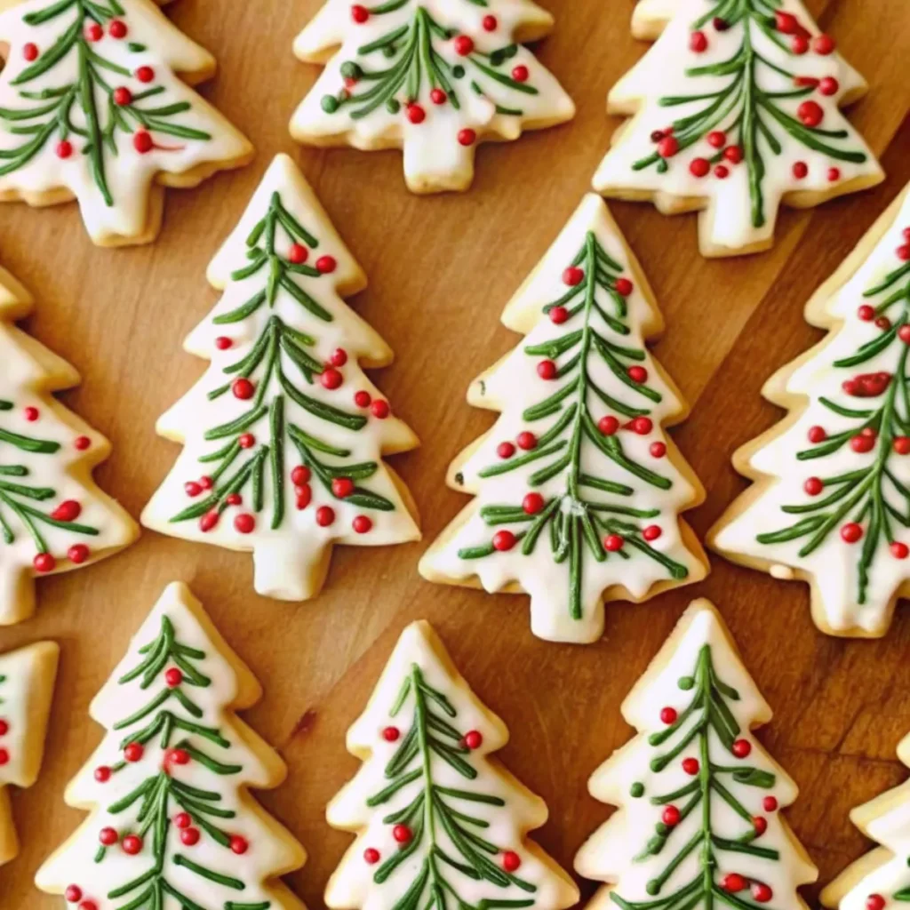 Festive Christmas tree cookies made with buttery sugar cookie dough and decorated with royal icing—perfect for holiday cookie trays!