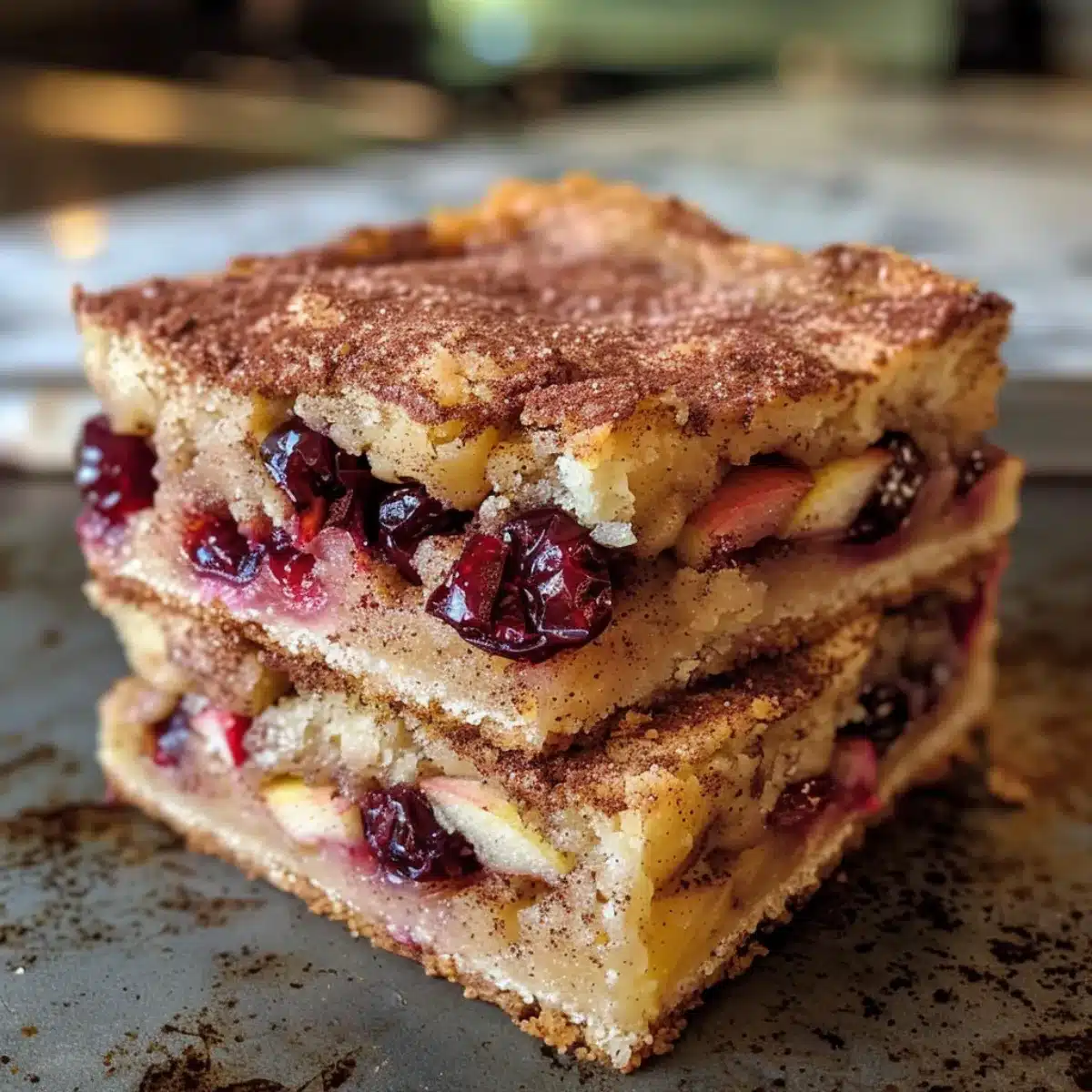 Chewy cranberry apple snickerdoodle bars blend warm cinnamon, tart cranberries, and sweet apples for the perfect holiday dessert!