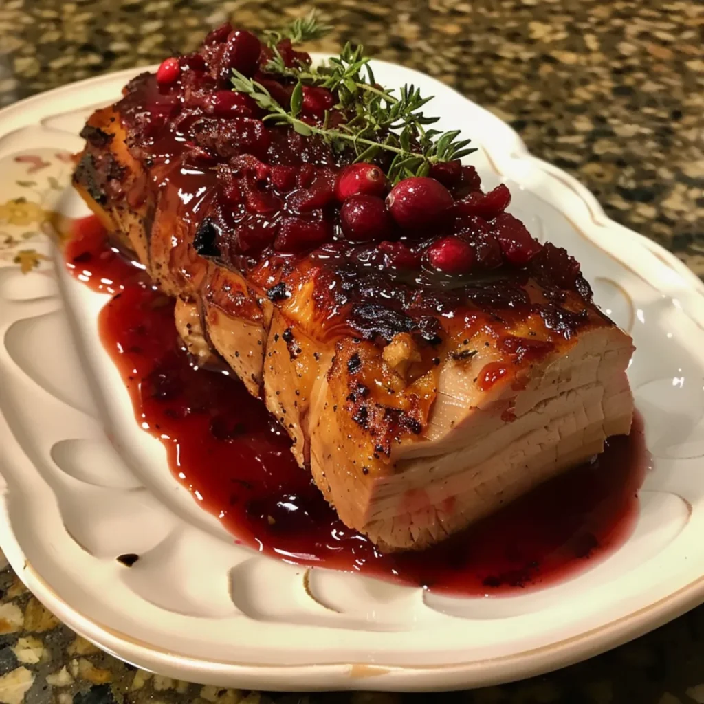 Cranberry Dijon Pork Loin is roasted to perfection with a sweet-tart cranberry glaze and Dijon mustard for a flavorful holiday dinner.