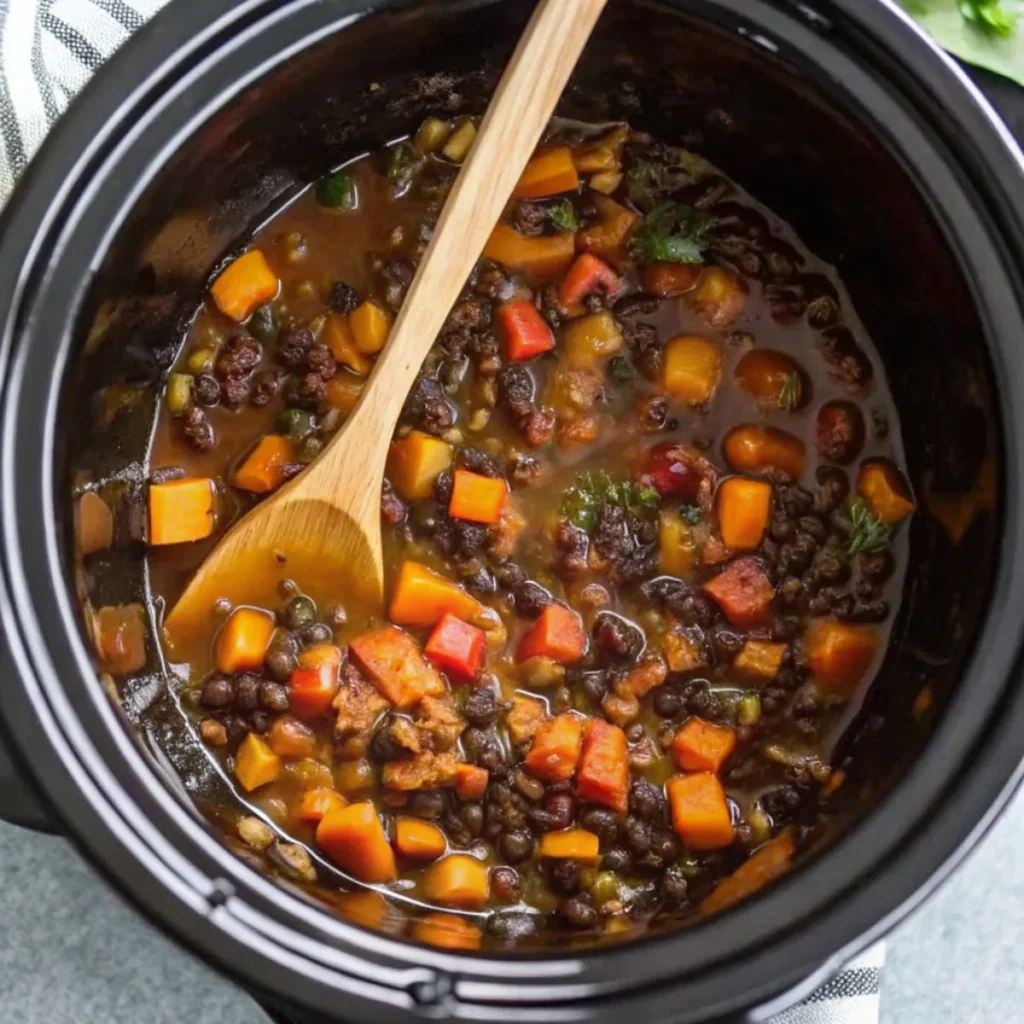 Crock Pot Sweet Potato Black Bean Chili is a hearty, flavorful vegetarian chili made with tender sweet potatoes, black beans, tomatoes, and spices.