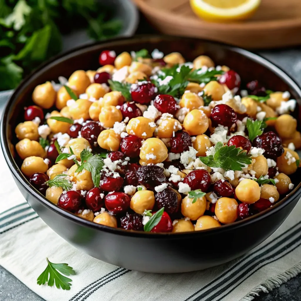 Feta & Cranberry Chickpeas with Lemon Vinaigrette is a vibrant, protein-packed salad with chickpeas, tangy feta, tart cranberries, and zesty dressing.