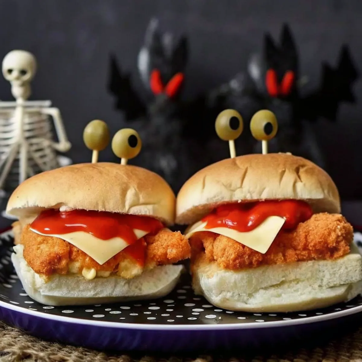 These Halloween Chicken Parm Sliders are crispy, cheesy, and spooky with olive eyeball toppers and ketchup “blood.” Perfect for parties!