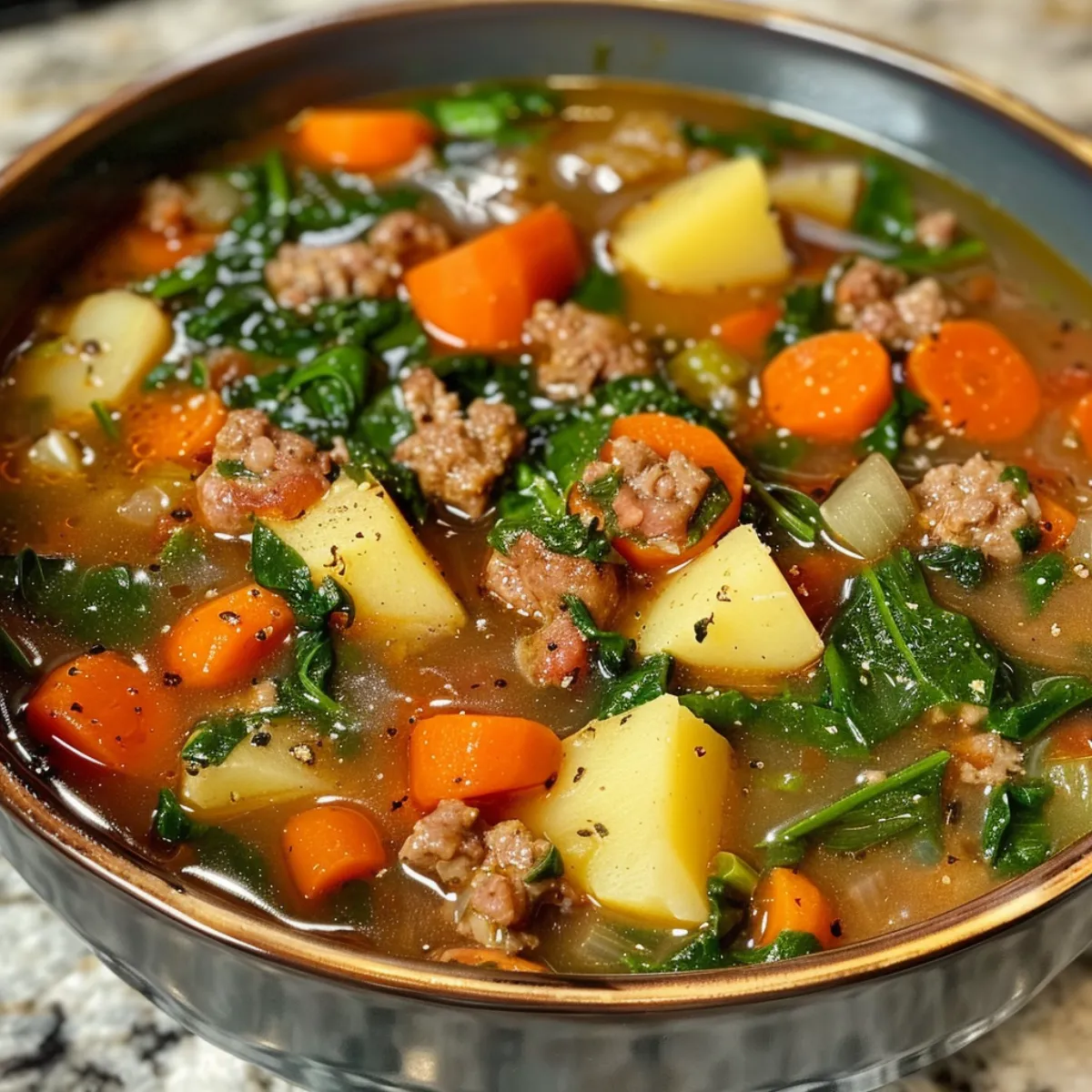Hearty Italian sausage potato soup with carrots and spinach in a savory broth—comforting, filling, and perfect for cozy dinners!