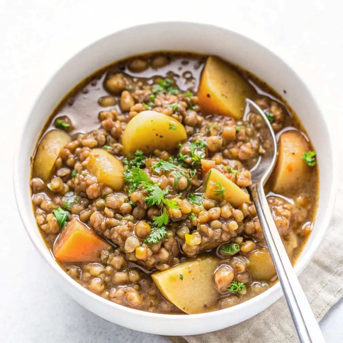 Hearty lentil and potato soup made with simple vegetables, spices, and broth—healthy, filling, and perfect for cozy weeknight dinners!
