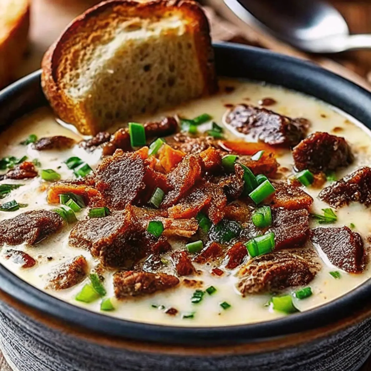 Philly Cheesesteak Soup Recipe combines tender beef, peppers, onions, and mushrooms in a cheesy broth—creamy comfort food in a bowl.