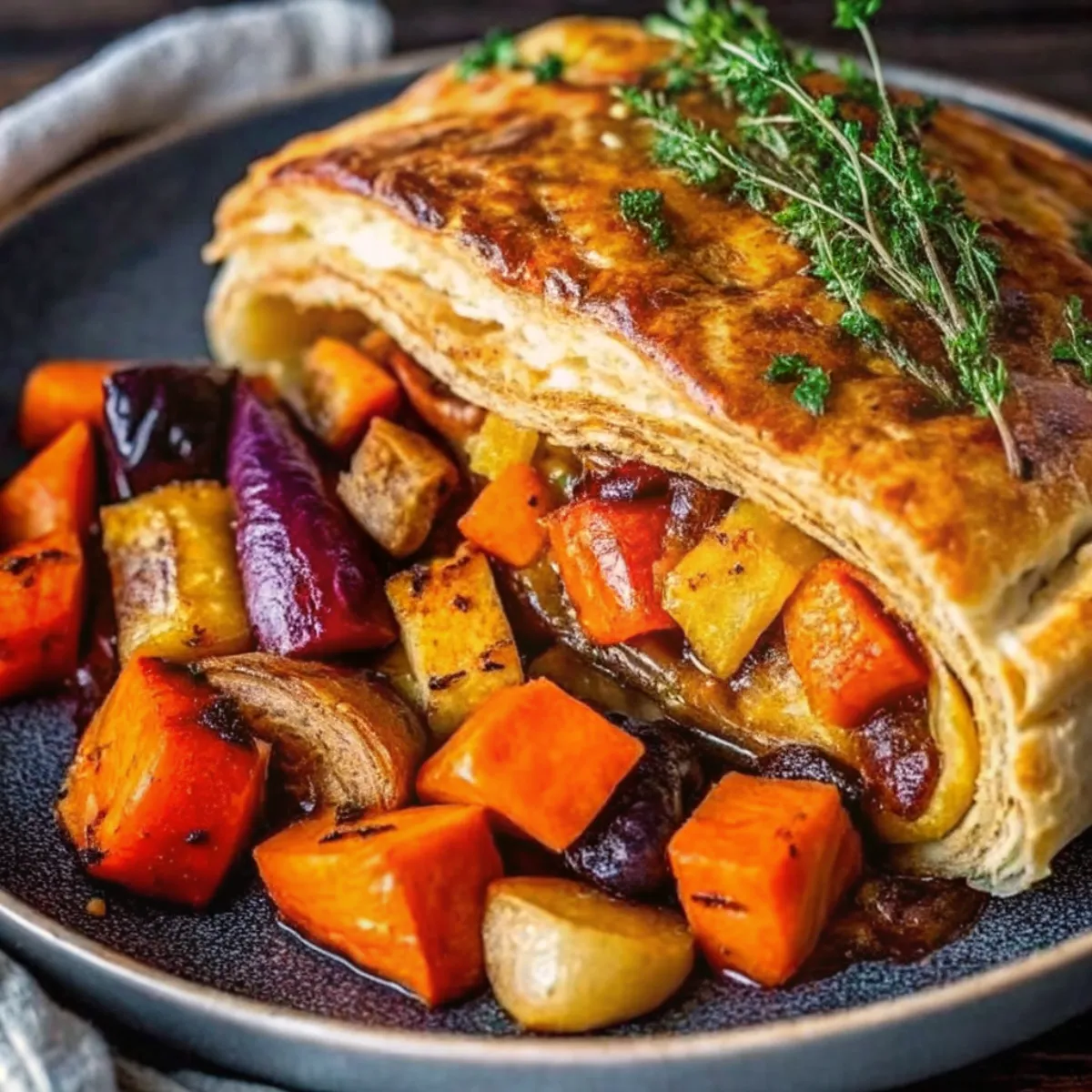 Roasted Autumn Vegetable Pot Pies are the ultimate comfort food for chilly fall evenings. Packed with colorful seasonal vegetables like carrots, potatoes, squash, and parsnips, these pies bring together the earthy flavors of autumn in a rich, savory filling. Topped with buttery, flaky pastry, they’re a warm and hearty vegetarian meal that’s as beautiful as it is delicious. Unlike traditional chicken or beef pot pies, this version focuses on roasted vegetables, which deepen in flavor and caramelize in the oven before being folded into a creamy, herb-infused sauce. The golden pastry crust makes each serving feel special, making these pot pies perfect for family dinners, weekend gatherings, or even as an impressive vegetarian centerpiece for Thanksgiving. Ingredients For the Filling: 2 tablespoons olive oil 2 carrots, peeled and diced 1 parsnip, peeled and diced 1 sweet potato, peeled and diced 1 cup butternut squash, diced 1 red onion, chopped 1 cup mushrooms, sliced 2 garlic cloves, minced 2 tablespoons butter 2 tablespoons flour 2 cups vegetable broth ½ cup heavy cream (or milk for lighter version) 1 teaspoon fresh thyme, chopped 1 teaspoon fresh rosemary, chopped ½ teaspoon salt ½ teaspoon black pepper For the Crust: 1 sheet puff pastry, thawed 1 egg, beaten (for egg wash) Preparation Step 1: Roast Vegetables Preheat oven to 400°F (200°C). Spread carrots, parsnip, sweet potato, squash, onion, and mushrooms on a baking sheet. Drizzle with olive oil, season with salt and pepper, and roast for 20–25 minutes, until caramelized and tender. Step 2: Make the Sauce In a large skillet, melt butter over medium heat. Stir in garlic and cook 1 minute. Sprinkle in flour, whisking to form a roux. Slowly pour in vegetable broth, whisking until smooth and slightly thickened. Stir in cream, thyme, rosemary, salt, and pepper. Simmer 3–4 minutes. Step 3: Combine Filling Add roasted vegetables to the sauce and stir to coat evenly. Step 4: Assemble Pot Pies Spoon filling into individual ramekins or a large pie dish. Cover with puff pastry, trimming excess. Press edges to seal and cut small slits on top for steam. Brush with egg wash. Step 5: Bake Bake at 400°F (200°C) for 20–25 minutes, until pastry is puffed and golden. Step 6: Serve Let cool for 5 minutes before serving hot. Variations Cheesy Version: Stir ½ cup shredded cheddar or Gruyère into the filling. Vegan Version: Use dairy-free butter and coconut milk instead of cream. Add Protein: Add chickpeas, lentils, or white beans for extra heartiness. Mini Pies: Bake in muffin tins for appetizer-sized servings. Cooking Notes Roasting vegetables first enhances flavor—don’t skip this step. Puff pastry gives the lightest, flakiest crust, but pie crust also works. For make-ahead, prep filling up to 2 days in advance and add pastry before baking. Serving Suggestions Pair with a simple green salad to balance the richness. Serve with cranberry sauce or apple chutney for a sweet contrast. Perfect with mulled cider, red wine, or herbal tea for a cozy fall dinner. Tips Use a variety of colorful root vegetables for the best flavor and presentation. Cut vegetables into similar sizes so they cook evenly. If making in advance, keep puff pastry chilled until ready to bake. Let baked pies rest briefly before serving to avoid burns from hot filling. Timing Prep Time: 20 minutes Cooking Time: 45 minutes Total Time: 1 hour 5 minutes Nutritional Information (per serving, 6 servings) Calories: 370 Protein: 7g Sodium: 420mg FAQs Q1: Can I make roasted autumn vegetable pot pies ahead of time? Yes, assemble pies and refrigerate up to 24 hours. Bake when ready to serve. Q2: Can I freeze pot pies? Yes, freeze unbaked pot pies for up to 3 months. Bake from frozen, adding 10–15 minutes cooking time. Q3: Can I use store-bought pie crust instead of puff pastry? Absolutely, both options work depending on preference. Q4: What’s the best vegetable mix? Carrots, parsnips, squash, mushrooms, and sweet potatoes create a classic autumn flavor. Q5: Can I make these vegan? Yes, use plant-based butter, dairy-free milk, and puff pastry labeled vegan. Conclusion Roasted autumn vegetable pot pies are the perfect fall comfort food—warm, hearty, and full of seasonal flavor. With roasted root vegetables in a creamy herb sauce, baked under flaky golden pastry, this dish brings rustic elegance to any table. Whether you’re looking for a weeknight vegetarian dinner, a make-ahead freezer meal, or a festive holiday centerpiece, these pot pies will deliver cozy flavor in every bite.