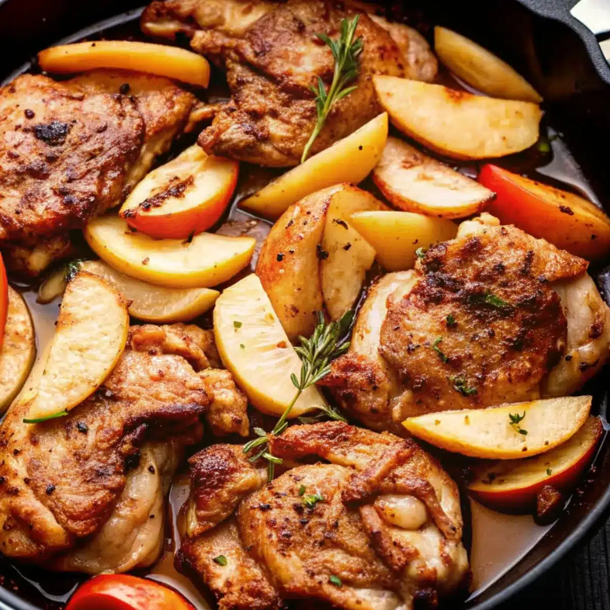 Juicy skillet apple cider chicken simmered in a sweet-savory apple cider sauce with herbs. A cozy fall dinner ready in 30 minutes!