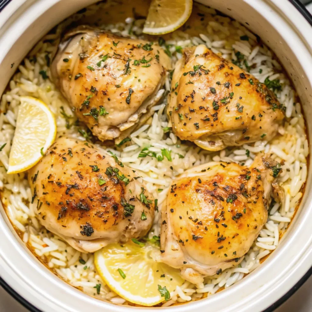 Slow Cooker Lemon Herb Chicken and Rice is a flavorful one-pot meal with tender chicken, fresh herbs, and lemon cooked with fluffy rice.