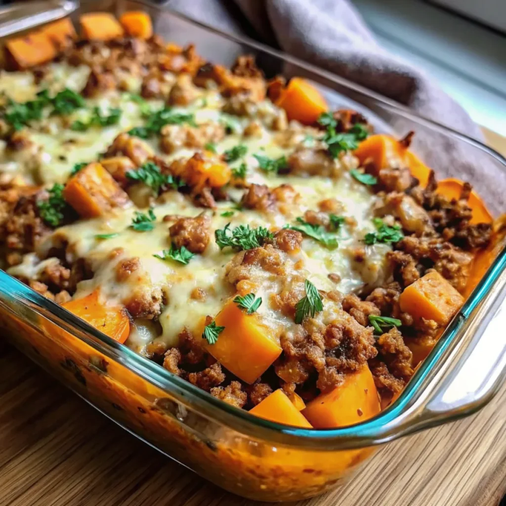 Sweet Potato and Ground Turkey Bake is a wholesome casserole with tender sweet potatoes, seasoned turkey, veggies, and cheese—perfect for weeknight dinners.