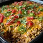Cheesy taco crock pot hashbrown casserole is a hearty slow cooker dinner packed with beef, potatoes, and Mexican flavor!