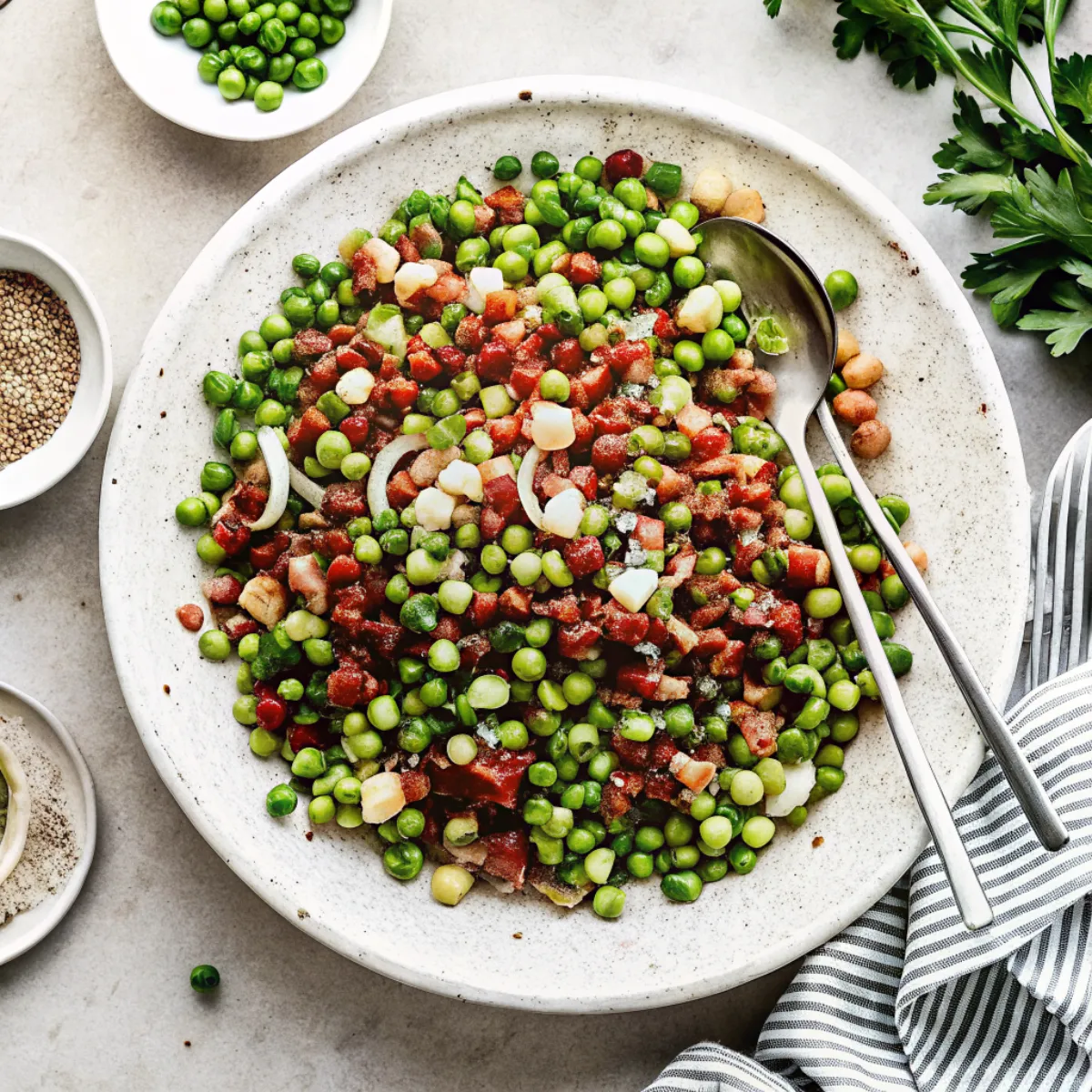 Thanksgiving Peas with Pear and Pancetta is a savory-sweet holiday side dish with tender peas, crisp pancetta, and caramelized pears.