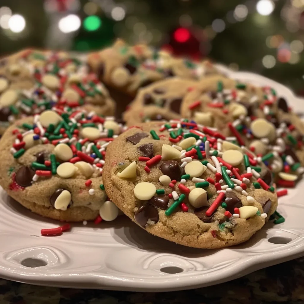 Soft and chewy chocolate chip cookies decorated with white chocolate, sprinkles, and holiday colors—perfect for Christmas cookie trays!