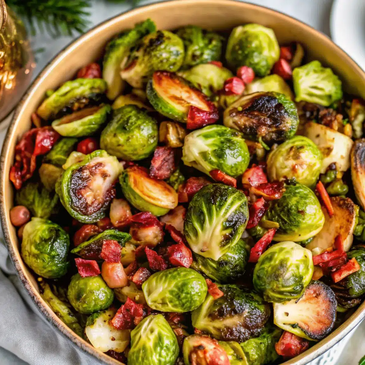 Bacon Brussels Sprouts are roasted to perfection with garlic, olive oil, and crispy bacon. A savory, caramelized holiday side dish that’s perfect for Thanksgiving or Christmas.