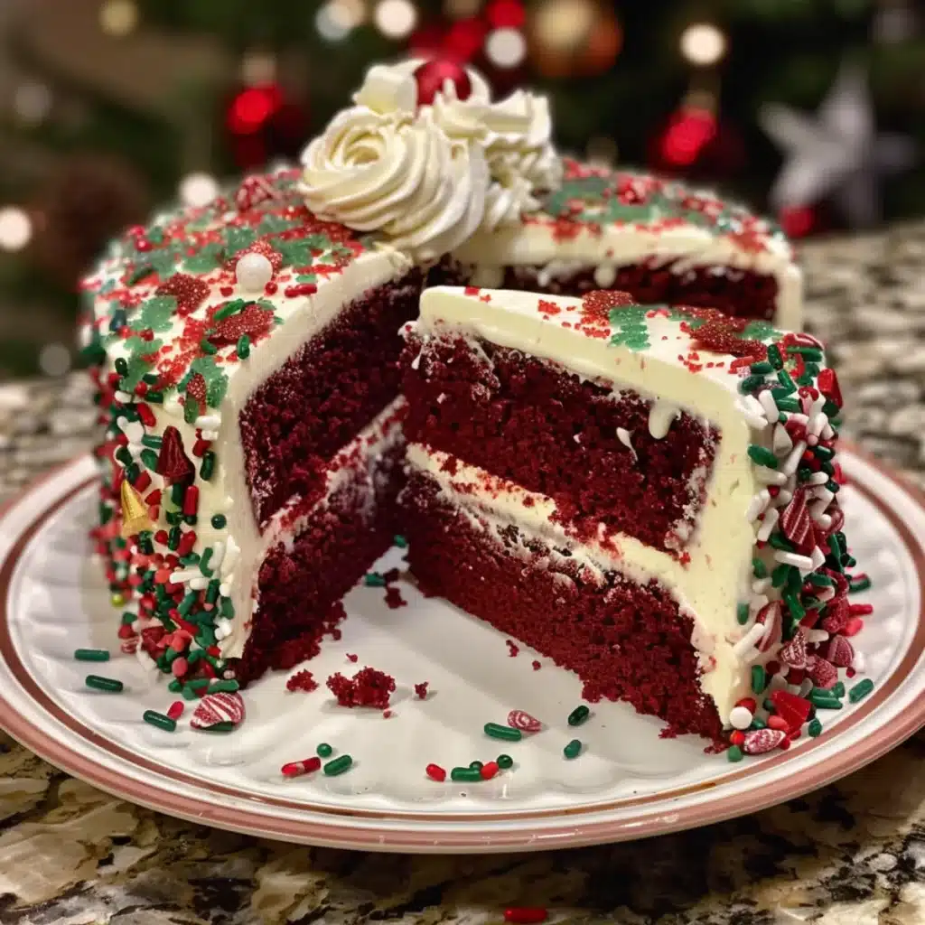 Christmas Red Velvet Cake is a festive two-layer dessert with cream cheese frosting and Christmas sprinkles. Perfect for holiday parties and family gatherings.