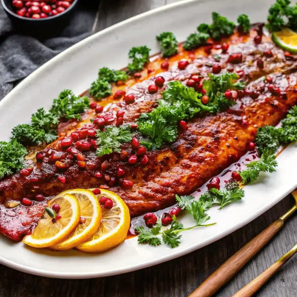 Christmas Salmon glazed with pomegranate and honey, roasted to perfection. A festive holiday recipe with herbs, citrus, and seasonal flavor.