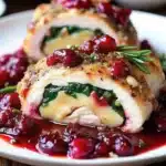 Cranberry Brie Stuffed Chicken is a festive dish with juicy chicken breasts stuffed with brie, spinach, and cranberry sauce, topped with a rich glaze—perfect for Christmas or holiday dinners.