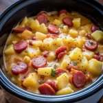 Crockpot Cheesy Potatoes and Kielbasa is a hearty slow cooker meal made with sausage, hash browns, and creamy cheese sauce.