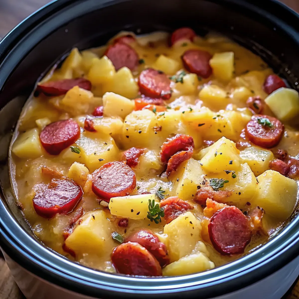 Crockpot Cheesy Potatoes and Kielbasa is a hearty slow cooker meal made with sausage, hash browns, and creamy cheese sauce.