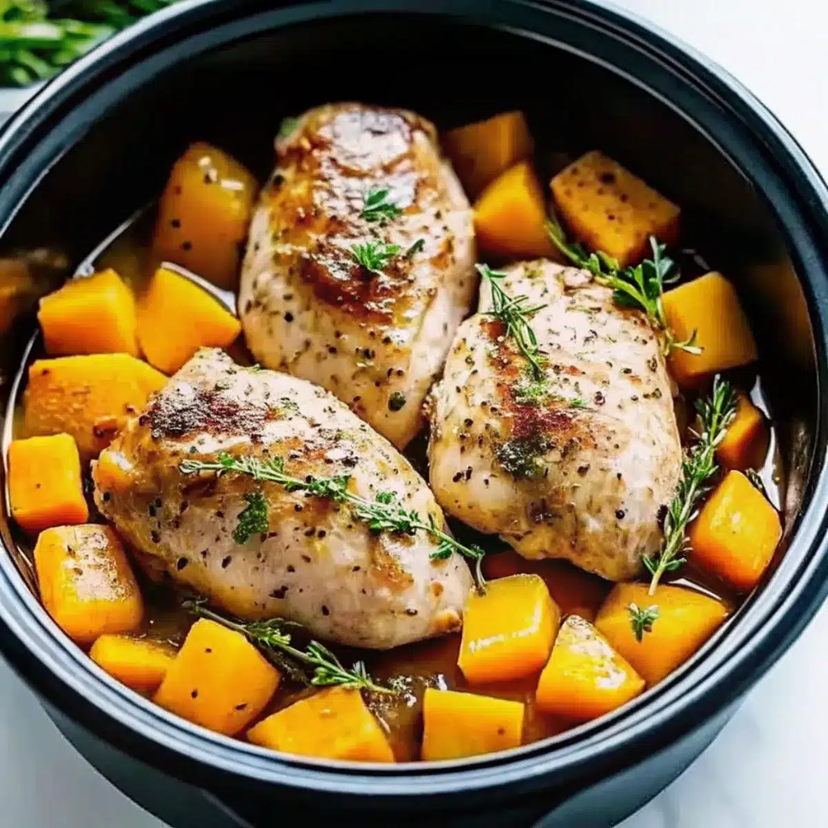 Crockpot Maple Dijon Chicken With Butternut Squash is the perfect balance of sweet, savory, and hearty. Juicy chicken thighs are slow-cooked in a maple-Dijon sauce that’s tangy and slightly sweet, paired with tender butternut squash for a cozy fall-inspired meal. The slow cooker does all the work, making this dish an effortless way to serve something wholesome and flavorful without hovering over the stove. This recipe works beautifully for weeknight dinners, meal prep, or even a holiday gathering when you want a comforting main dish that tastes like you’ve spent hours in the kitchen. It’s healthy, hearty, and full of warm seasonal flavors that bring comfort to every bite. Ingredients 2 lbs chicken thighs (boneless, skinless preferred) 4 cups butternut squash, peeled and cubed 1 medium onion, sliced 3 garlic cloves, minced ½ cup maple syrup 3 tablespoons Dijon mustard 2 tablespoons olive oil 1 tablespoon apple cider vinegar 1 teaspoon dried thyme (or 2 teaspoons fresh) 1 teaspoon salt ½ teaspoon black pepper ½ teaspoon paprika ½ teaspoon cinnamon (optional, for warmth) Fresh parsley, chopped (for garnish) Preparation Step 1: Prepare the Sauce In a bowl, whisk together maple syrup, Dijon mustard, olive oil, apple cider vinegar, thyme, salt, pepper, paprika, and cinnamon. Step 2: Layer Ingredients in Crockpot Place cubed butternut squash and sliced onion on the bottom of the slow cooker. Nestle chicken thighs on top. Pour the maple Dijon sauce evenly over everything. Step 3: Cook Cover and cook on LOW for 6–7 hours or HIGH for 3–4 hours, until chicken is tender and butternut squash is soft. Step 4: Serve Garnish with fresh parsley and serve warm. Variations Add More Veggies: Include carrots, parsnips, or Brussels sprouts for extra fall flavors. Creamy Version: Stir in ½ cup heavy cream or coconut milk before serving. Spicy Kick: Add red pepper flakes or a teaspoon of Dijon horseradish mustard. Chicken Breasts: Swap thighs for boneless chicken breasts but reduce cooking time slightly. Cooking Notes Chicken thighs stay moist and flavorful in the slow cooker, but breasts can be used for a leaner option. If you prefer crispier chicken, sear thighs in a skillet before adding to the crockpot. Use fresh butternut squash or pre-cubed to save time. Serving Suggestions Serve over wild rice, quinoa, or mashed potatoes. Pair with roasted green beans or a simple salad for balance. Add a warm bread like cornbread or dinner rolls to soak up the sauce. Tips Spray the crockpot with cooking spray for easier cleanup. For deeper flavor, marinate chicken in the maple Dijon sauce for 1–2 hours before cooking. Leftovers taste even better the next day as flavors meld. Store in airtight containers up to 4 days or freeze up to 3 months. Timing Prep Time: 15 minutes Cooking Time: 6–7 hours (LOW) or 3–4 hours (HIGH) Total Time: 6 hours 15 minutes (on LOW) Nutritional Information (per serving, 6 servings) Calories: 395 Protein: 32g Sodium: 610mg FAQs Q1: Can I make this recipe with frozen butternut squash? Yes, but add it halfway through cooking to prevent mushiness. Q2: Can I make this dairy-free? Yes, the recipe is naturally dairy-free unless you add cream at the end. Q3: Can I use maple-flavored syrup instead of pure maple syrup? Pure maple syrup is best for flavor, but pancake syrup works in a pinch. Q4: How do I thicken the sauce? Remove chicken and squash, then simmer the sauce in a saucepan with 1 tablespoon cornstarch mixed in water until thickened. Q5: Can I double the recipe? Yes, but use a larger crockpot and extend cooking time by 30–45 minutes. Conclusion Crockpot Maple Dijon Chicken With Butternut Squash is a cozy, flavorful dish that captures the essence of fall in every bite. The sweet maple syrup, tangy Dijon mustard, and earthy butternut squash create a harmony of flavors that make this casserole-style meal unforgettable. With minimal prep and hands-off cooking, it’s a recipe you’ll come back to again and again for weeknights, gatherings, or meal prep.