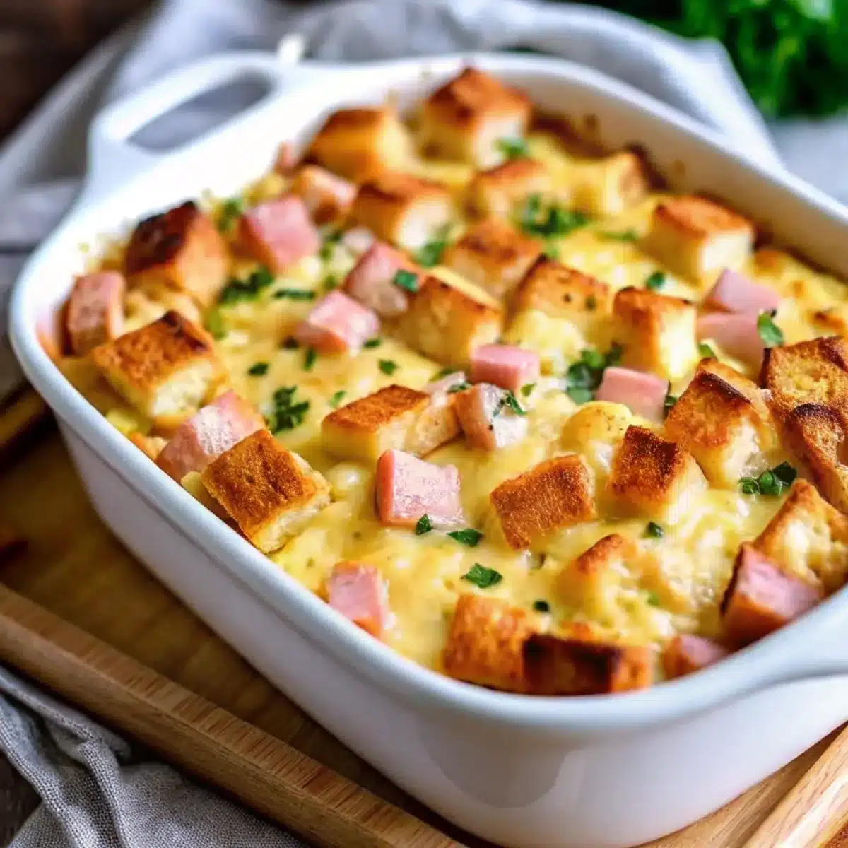 Eggs Benedict Casserole is a make-ahead brunch bake with English muffins, Canadian bacon, eggs, and hollandaise. Perfect for holidays and gatherings.