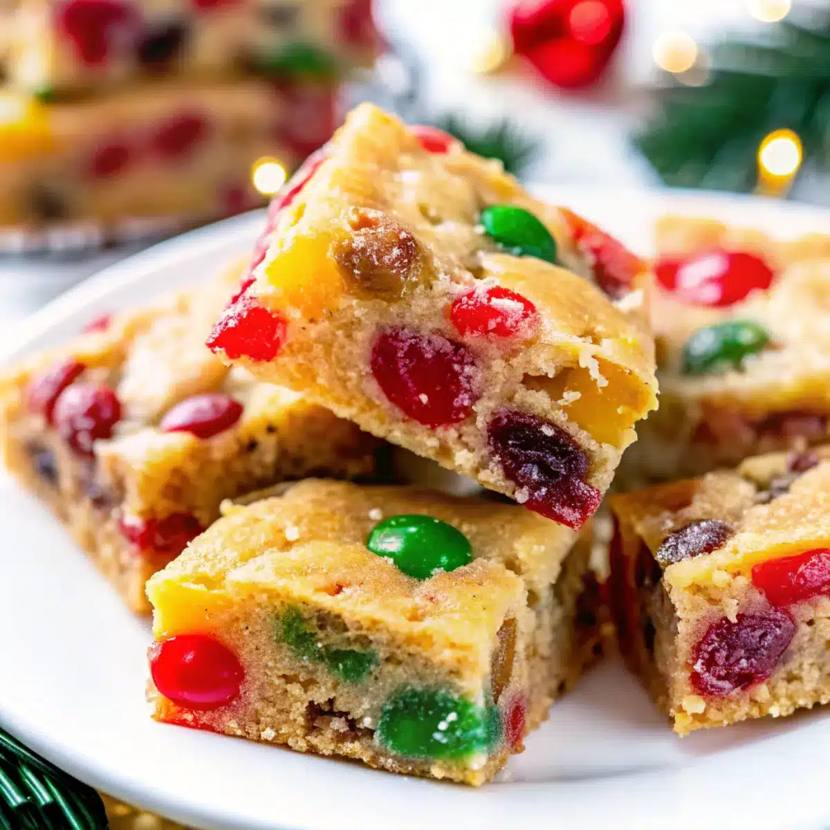 Festive Christmas Fruitcake Bars are soft, chewy, and filled with candied fruit and nuts. An easy, colorful holiday dessert that’s perfect for gifting or parties.