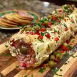 A creamy, savory cream cheese log rolled with meats, olives, and topped with antipasto ingredients. The perfect no-bake holiday appetizer.