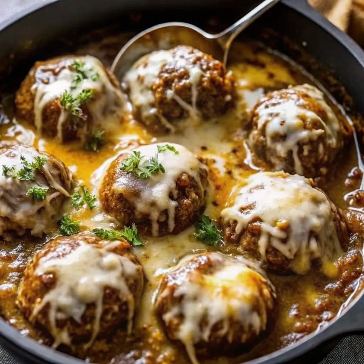 French Onion Meatballs with Savory Onion Sauce are tender meatballs in a caramelized onion sauce topped with melted cheese—a cozy, family-friendly dinner.