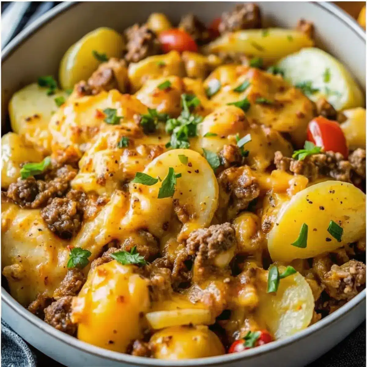Cheesy Ground Beef & Potato Casserole is a hearty dinner with layers of potatoes, ground beef, creamy sauce, and melted cheese. Family-friendly and comforting.