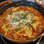 Lasagna Soup brings all the flavors of classic lasagna into a one-pot meal with meat, noodles, tomato broth, and creamy cheese topping.