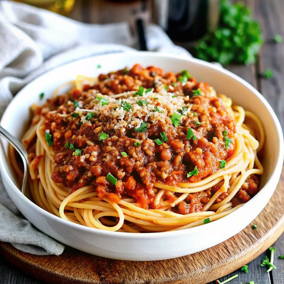 Lentil Bolognese is a rich vegetarian pasta sauce made with lentils, tomatoes, and Italian herbs. A hearty, healthy meatless dinner option.