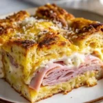 Layered with ham, turkey, cheese, and egg-soaked bread, this Monte Cristo breakfast casserole is sweet, savory, and perfect for brunch.
