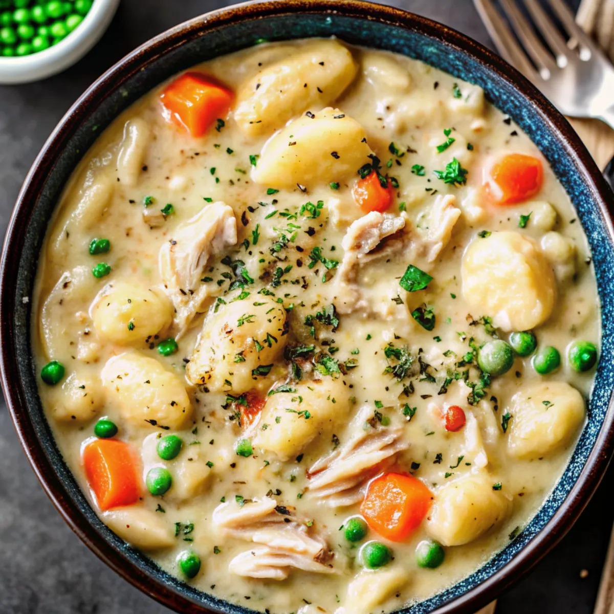 One Pot Gnocchi Chicken Pot Pie combines creamy sauce, veggies, chicken, and gnocchi in one skillet for an easy weeknight comfort food meal.