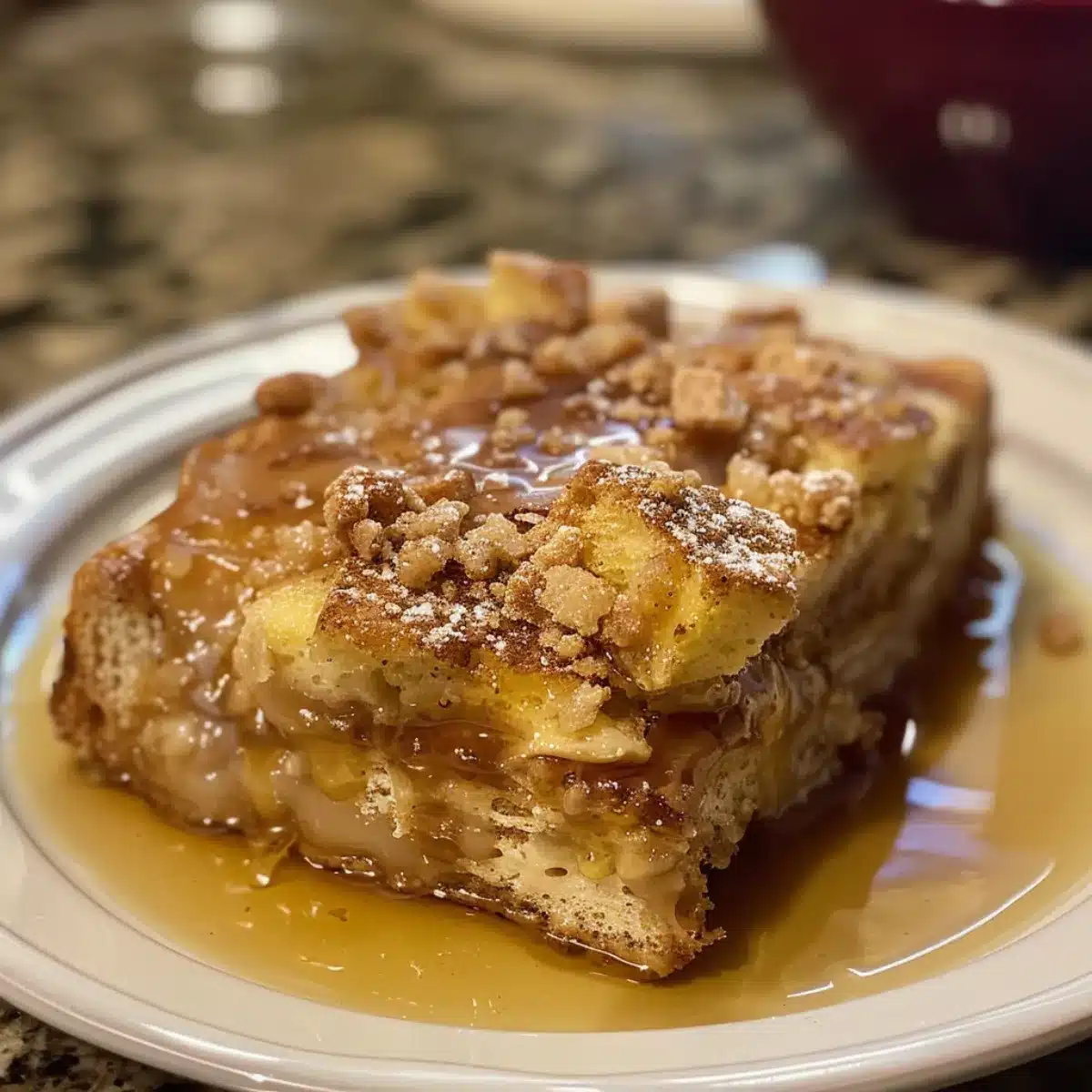 Overnight French Toast Casserole is a rich, custard-like breakfast bake that makes mornings easy and stress-free. By preparing everything the night before, you wake up to a dish that’s ready to pop in the oven, filling your kitchen with the irresistible aroma of cinnamon, vanilla, and baked bread. Perfect for Christmas morning, Easter brunch, or lazy weekends, this casserole captures all the flavors of classic French toast without the need to flip slices on a skillet. Made with chunks of bread soaked in a creamy custard and baked until golden, it’s finished with a drizzle of maple syrup or dusting of powdered sugar for the ultimate breakfast indulgence. Ingredients 1 loaf French bread or brioche, cut into 1-inch cubes (day-old works best) 8 large eggs 2 cups whole milk (or half-and-half for extra richness) ½ cup heavy cream ½ cup brown sugar ¼ cup granulated sugar 2 teaspoons ground cinnamon 1 teaspoon vanilla extract ½ teaspoon nutmeg (optional) ¼ teaspoon salt 4 tablespoons butter, melted (for drizzling) Maple syrup and powdered sugar (for serving) Preparation Step 1: Prepare Bread Grease a 9x13-inch baking dish with butter. Arrange cubed bread evenly in the dish. Step 2: Make Custard In a large bowl, whisk eggs, milk, cream, sugars, cinnamon, vanilla, nutmeg, and salt until well blended. Step 3: Assemble Casserole Pour custard evenly over bread cubes, pressing down lightly to help absorb. Cover tightly with foil and refrigerate overnight (or at least 6 hours). Step 4: Bake Preheat oven to 350°F (175°C). Remove dish from fridge 20 minutes before baking. Drizzle melted butter over the top. Bake covered for 30 minutes, then uncover and bake another 20–25 minutes until golden and set. Step 5: Serve Let rest 10 minutes before serving. Sprinkle with powdered sugar and serve with maple syrup. Variations Berry French Toast Casserole: Add blueberries, raspberries, or strawberries before baking. Apple Cinnamon: Layer in sliced apples sautéed with cinnamon and sugar. Nutty Crunch: Sprinkle pecans or walnuts on top before baking. Cream Cheese Swirl: Add dollops of sweetened cream cheese between bread layers. Cooking Notes Brioche or challah bread gives the best texture. For a crispier top, broil for 2 minutes at the end of baking. If you prefer less sweetness, reduce brown sugar slightly. Serving Suggestions Pair with bacon or sausage for a savory balance. Serve with fresh fruit salad for brightness. Add whipped cream or flavored syrups for a decadent brunch. Tips Use slightly stale bread—it absorbs custard better. Prep the night before for easy holiday mornings. Store leftovers in fridge up to 4 days or freeze slices for 2 months. Reheat in oven or air fryer for best texture. Timing Prep Time: 20 minutes Chill Time: 6+ hours (overnight recommended) Cooking Time: 55 minutes Total Time: 7+ hours (including chill) Nutritional Information (per serving, 8 servings) Calories: 420 Protein: 13g Sodium: 470mg FAQs Q1: Can I use regular sandwich bread? Yes, but it won’t be as fluffy. Thick breads like brioche or challah are best. Q2: Can I prepare overnight French toast casserole the same day? Yes, but let it soak at least 1–2 hours for best results. Q3: Can I make this dairy-free? Yes, substitute almond or oat milk and dairy-free cream. Q4: Can I freeze this casserole? Yes, bake first, cool completely, then freeze. Reheat before serving. Q5: Can I add toppings before baking? Yes, nuts, fruit, or streusel topping work wonderfully. Conclusion Overnight French Toast Casserole is a make-ahead breakfast that delivers all the comfort of classic French toast with none of the hassle. With a custard-soaked bread base, warm cinnamon flavor, and golden baked finish, it’s the perfect dish for holidays, brunches, or any morning when you want something indulgent yet easy.