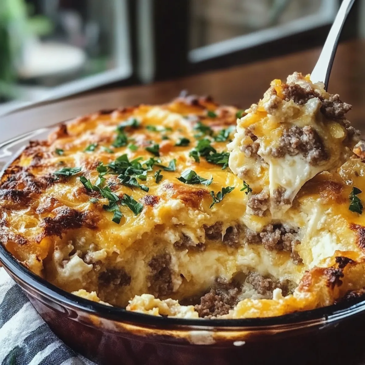 Sausage, Egg and Cream Cheese Hashbrown Casserole is a cheesy breakfast bake with sausage, fluffy eggs, and hashbrowns. Perfect for brunch or meal prep.
