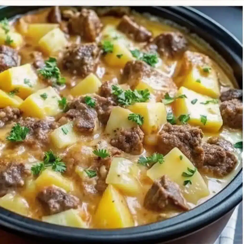 Tender steak, cheddar cheese, and potatoes simmered in a creamy sauce. This slow cooker casserole is rich, hearty, and perfect for dinner.